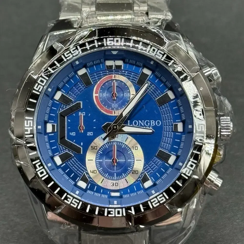 Longbo 80135 Men's Quartz Chronograph 12-Hour Blue Dial Silver Steel Watch